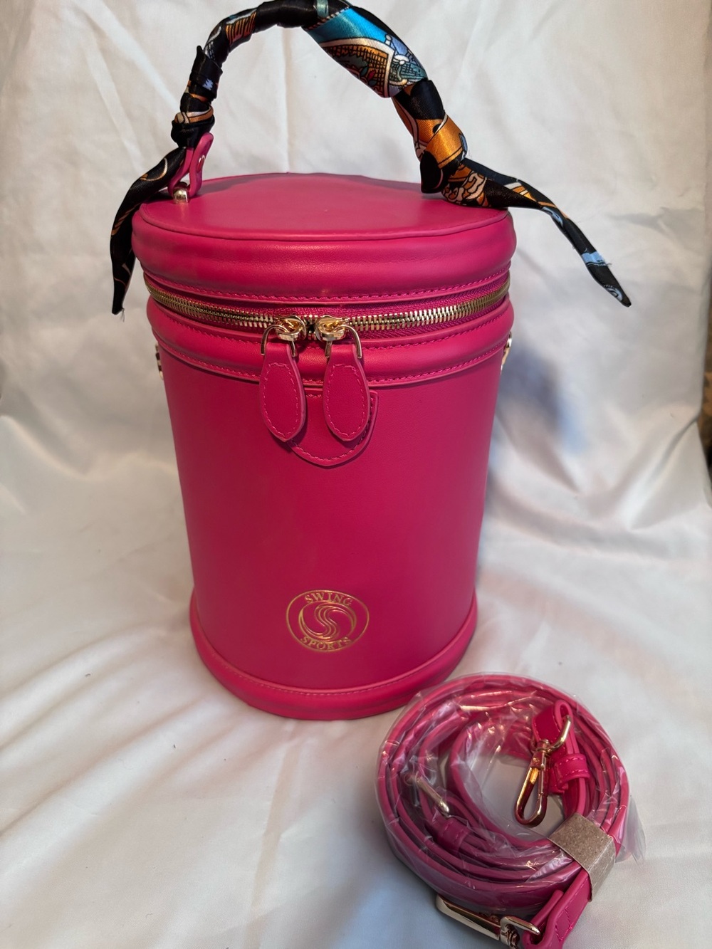 Swing Sports Hot Pink Cylinder Vanity Bag & Golf Club Cover with Scarf on Handle